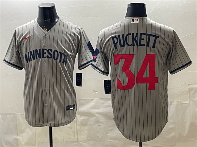 Men's Minnesota Twins #34 Kirby Puckett Grey Cool Base Stitched Baseball Jersey